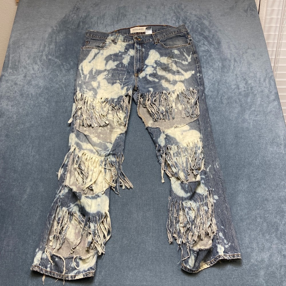 Levi's 505 Regular Fit Fringe Jeans Mens 40x30 Blue Denim Distressed Acid Wash